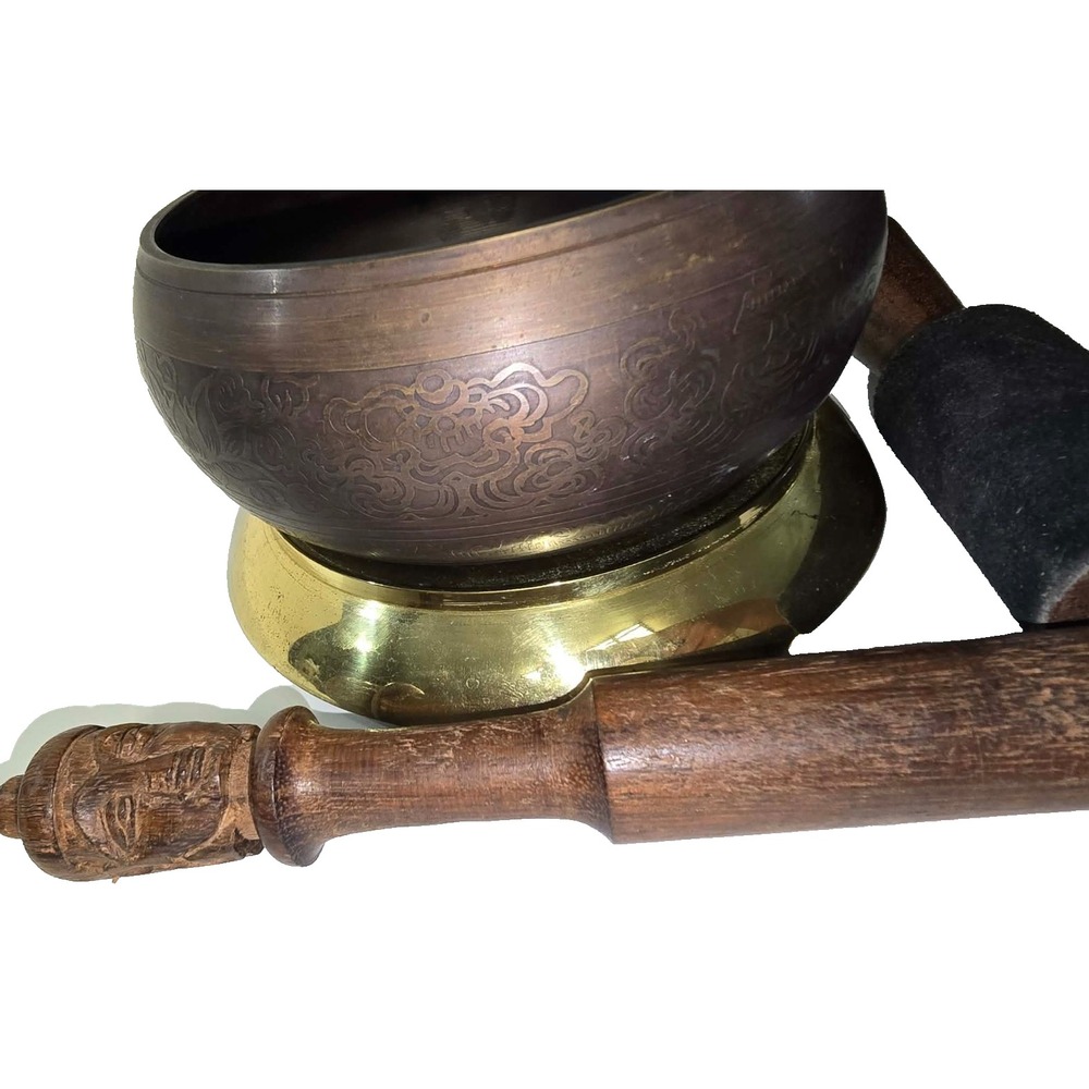 Vintage Tibetan Singing Bowl Brass Stand Etched Traditional Symbols 2 Mallets